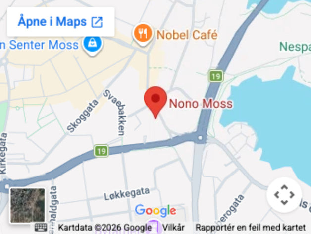 Kart over Moss sentrum med Nono Moss markert i Kongens gate 25A.